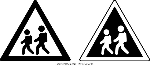 Señales Precaución Cruce Escolar. Señal de advertencia. Niños Con Mochilas Escolares Que Van A La Escuela. Iconos blancos y negros del vector
