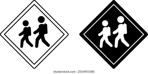 Señales Precaución Cruce Escolar. Señales de advertencia. Niños cruzando la carretera. Iconos blancos y negros del vector