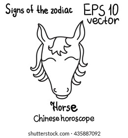 Signs of the Chinese horoscope year thin contour.Horse hand draw. Set happy faces symbols. Line art style.The black outline drawing isolated on a white background. Vector illustration.