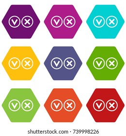 Signs of choice of tick and cross icon set many color hexahedron isolated on white vector illustration