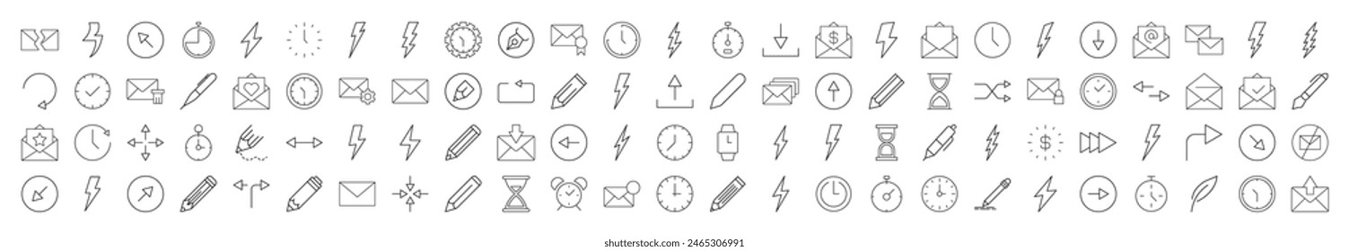 Signs of clocks, lighting, arrows, envelops, pens for Shops and Stores. Suitable for books, stores, shops. Editable stroke in minimalistic outline style. Symbol for design 