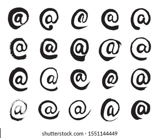 At Signs. Collection of 20 Black Hand Painted E-mail Symbols Isolated On a White Background. Vector Illustration