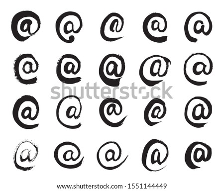 At Signs. Collection of 20 Black Hand Painted E-mail Symbols Isolated On a White Background. Vector Illustration