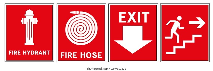 Los signos contienen símbolos de una hidrante de fuego y también muestran una salida de emergencia en caso de incendio.