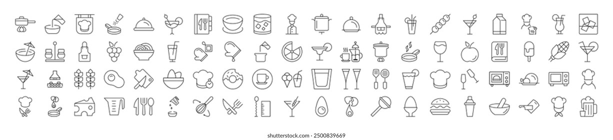 Signs of cooking, food, drinks, kitchen for Shops and Stores. Suitable for books, stores, shops. Editable stroke in minimalistic outline style. Symbol for design 