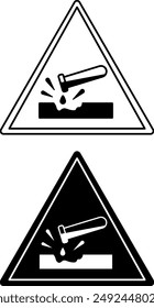 Señales corrosivas. Iconos vectoriales en blanco y negro. Efectos corrosivos y tóxicos sobre los metales. Señal de advertencia de peligro