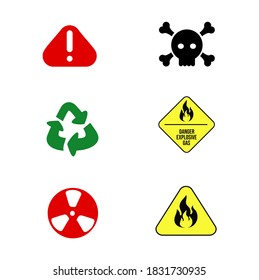 Signs of danger set and packaging recycling. Illustration on white background for design. Radiation hazard, danger explosive gas, hazardous materials and locations, fire safety warning symbol