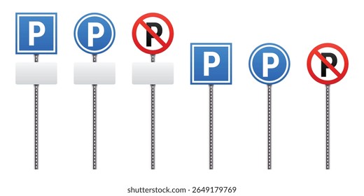 The signs designate areas for parking or prohibit parking. There are three parking signs and three no-parking signs, all posted on white backgrounds.