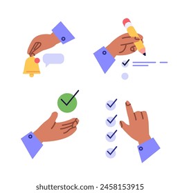 Signs with different hands holding check mark. Concept of checklist, task done, success, right decision. Best choice hand gesture. Sign of request approved. Vector illustration in flat design