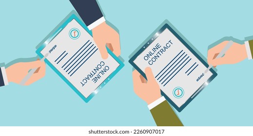 Signs document or contract in secure app. Electronic digital signature concept. Online service with cyber protection. vector illustration.