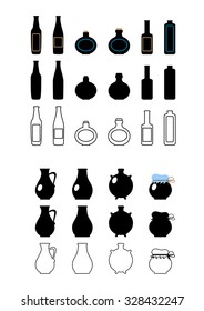 
Signs drinks for cafes, bars. Making menu. Bottles with labels exaggeration, silhouettes of bottles, bottles silhouettes drawn thin line.	
Jugful for drinking, cooking