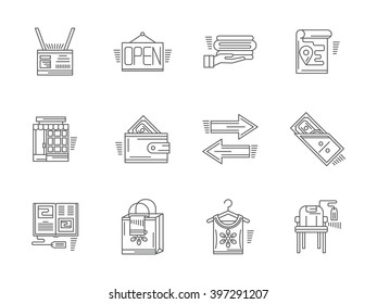 Signs and elements of commission shop. Payment, items and goods, shop facade and other elements. Set of flat black line vector icons. Elements for web design and mobile.