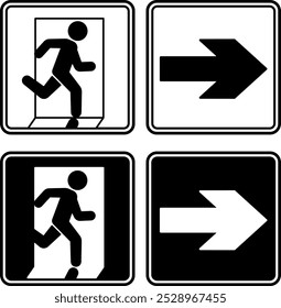 Signs Emergency Exit Pointing Right. Black And White Vector Icons. Warning Sign. Man Running Towards Door. Emergency Evacuation Symbol