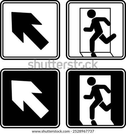 Signs Emergency Exit Pointing Up. Black and White Vector Icons. Warning Sign. Man Running Towards Door. Emergency Evacuation Symbol