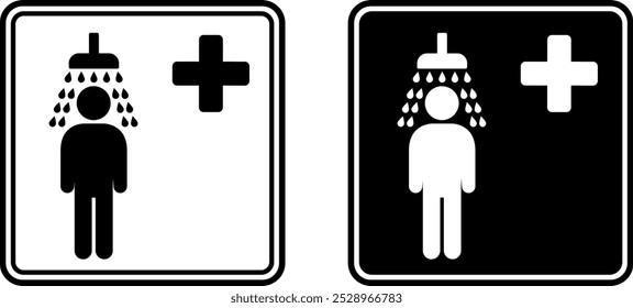 Signs Emergency Shower. Black and White Vector Icons. Industrial Safety Sign. Man Taking a Shower. First Aid in Case of Chemical Splashes