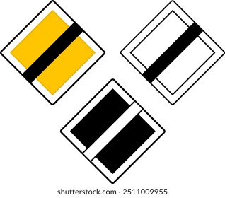 Signs End of Priority Road. Road Signs. Crossed Out Yellow Diamond. Black and White Vector Icons