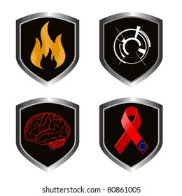 signs of european union, fire, techno, brain illustrations on metal shields