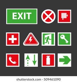 Signs for the evacuation plan of the building in case of fire or a hazardous incident. Simple elements to ensure the safety and protection of the working production. Icons for fire safety.