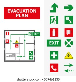 Signs for the evacuation plan of the building in case of fire or a hazardous incident. Simple elements to ensure the safety and protection of the working production. Icons for fire safety.