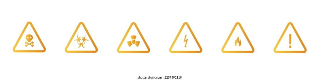 Señales con signo de exclamación. Advertencia, ten cuidado, muerte, incendio, nuclear, cautela, triangular, redondo, tráfico por carretera, notificación, advertencia, punto. Icono de línea de conjunto de vectores en fondo blanco
