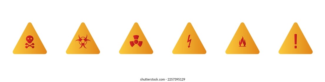 Señales con signo de exclamación. Advertencia, advertir, cuidado, cautela, nuclear, punto, notificación, muerte, tráfico vial, redondo, triangular, fuego. Icono de línea de conjunto de vectores en fondo blanco