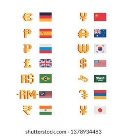 Сurrency signs and flags of different countries. World gold money pixel art icons set. Currency symbols dollar, euro, pound, ruble, yuan, yen. Design for mobile app, web. Isolated vector illustration.