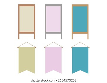 Signs and flags in stylish colors. An essential tool for cafes, restaurants, general stores, etc. Add text and use.