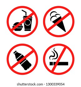 Signs forbidding different actions in various places. Signs are located on a white background.
