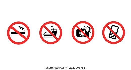  Signs forbidding different actions in various places. Signs are located on a white background.Vector illustration