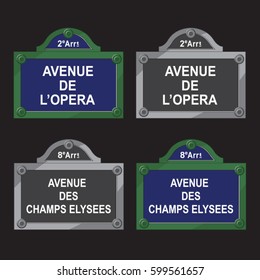 Signs France : avenue de l opera and champs elysees typography, tee shirt graphics, vectors