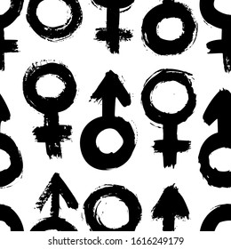 Signs of gender seamless pattern of brushstrokes. Vector monochrome grunge texture from the symbols of Venus and Mars. Scandinavian background for print on textiles, paper, Wallpaper, t-shirt