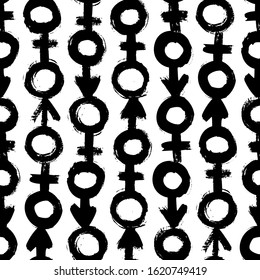 Signs of gender seamless pattern of brushstrokes. Vector monochrome grunge texture from the symbols of Venus and Mars. Scandinavian background for print on textiles, paper, Wallpaper, t-shirt