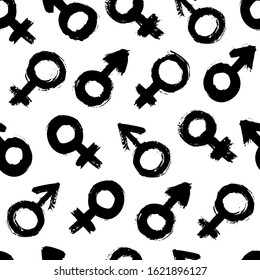 Signs of gender seamless pattern of brushstrokes. Vector monochrome grunge texture from the symbols of Venus and Mars. Scandinavian background for print on textiles, paper, Wallpaper, t-shirt