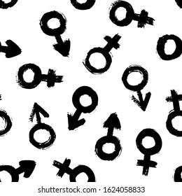 Signs of gender seamless pattern of brushstrokes. Vector monochrome grunge texture from the symbols of Venus and Mars. Scandinavian background for print on textiles, paper, Wallpaper, t-shirt