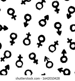 Signs of gender seamless pattern of brushstrokes. Vector monochrome grunge texture from the symbols of Venus and Mars. Scandinavian background for print on textiles, paper, Wallpaper, t-shirt