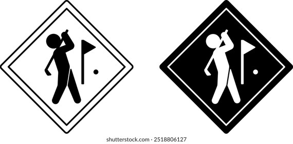 Signs Golfer Zone. Road Sign, Sticker. Man With Club Playing Golf. Sports Competition. Black and White Vector Icons