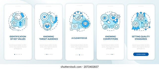 Signs of a good brand blue onboarding mobile app page screen. Business management walkthrough 5 steps graphic instructions with concepts. UI, UX, GUI vector template with linear color illustrations