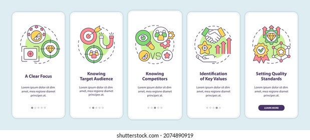 Signs of a good brand onboarding mobile app page screen. Business management walkthrough 5 steps graphic instructions with concepts. UI, UX, GUI vector template with linear color illustrations