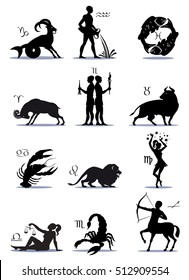 Signs Greek Zodiac Horoscope, Illustration, Silhouettes, Symbols. Icons, Vector, Isolated on background.