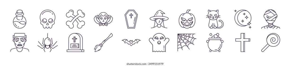 Signs of Halloween for Shops and Stores. Suitable for books, stores, shops. Editable stroke in minimalistic outline style. Symbol for design 