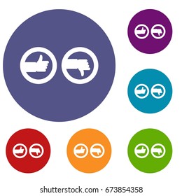 Signs hand up and down icons set in flat circle reb, blue and green color for web