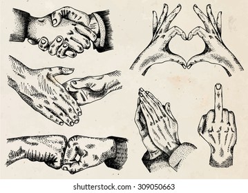 Signs hands. Fist agreement. Shaking hands. Hands folded heart. Fuck you sign. Business shaking hands. Hands folded in prayer