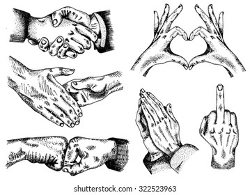Signs hands. Fist agreement. Shaking hands. Hands folded heart. Fuck you sign. Business shaking hands. Hands folded in prayer on the white paper background