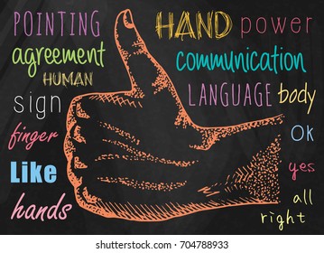 Signs hands. Hand is showing Like. One hand making thumb up gesture