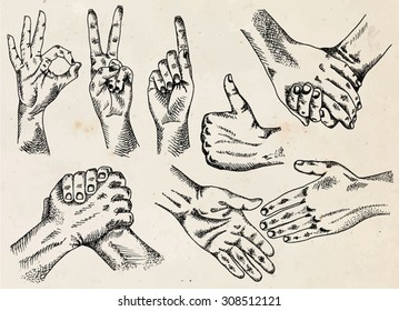 Signs hands. One hand making thumb up gesture. Hand is showing Like. Hands held together. Fist agreement. Shaking hands. Friendship. on the vintage paper background