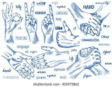 Signs hands. One hand making thumb up gesture. Hand is showing Like. Hands held together. Fist agreement. Shaking hands. Friendship