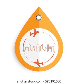 Signs hanging bag for travel. Tag travel icon. Around the world travelling by plane in city country background. Flying above the earth. Concept vector illustration.