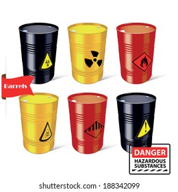 Signs of hazardous substances. Danger. Steel barrels. Vector illustration.