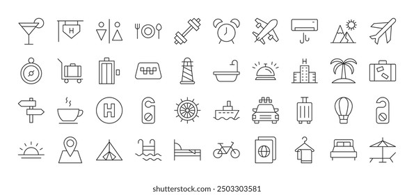 Signs of hotel, vacation, travel for Shops and Stores. Suitable for books, stores, shops. Editable stroke in minimalistic outline style. Symbol for design