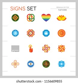 Signs icon set. Lotus blossom, rainbow heart, round target. Signs concept. Can be used for topics like meditation, culture, warning